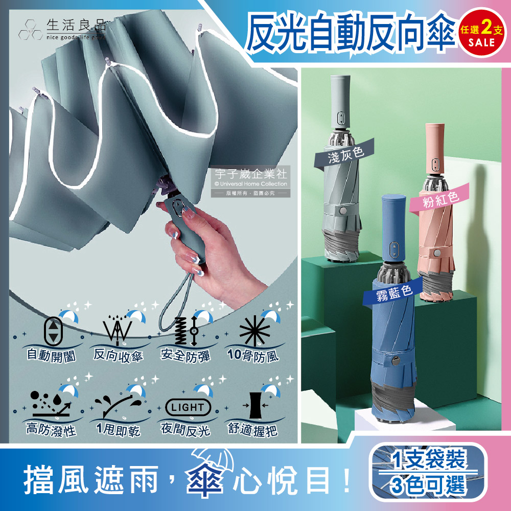 (2支任選組)生活良品10骨反光邊條一甩即乾防暴衝慢回彈自動摺疊反向晴雨傘1支/袋(附霧面傘套)✿70D033